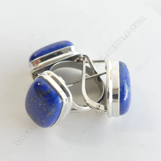 STG SILVER & LAPIS LAZULI 3 PC SET; OVAL SHAPE EUROPEAN SHAPE LOCK EARRINGS & CUP SET RING
