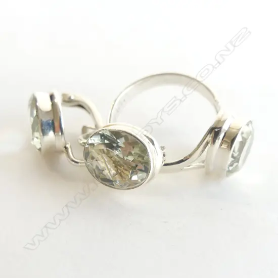 STG SILVER & GREEN AMETHYST 3 PC SET;  FACETED OVAL RING & PR OVAL EUROPEAN LOCK EARRINGS