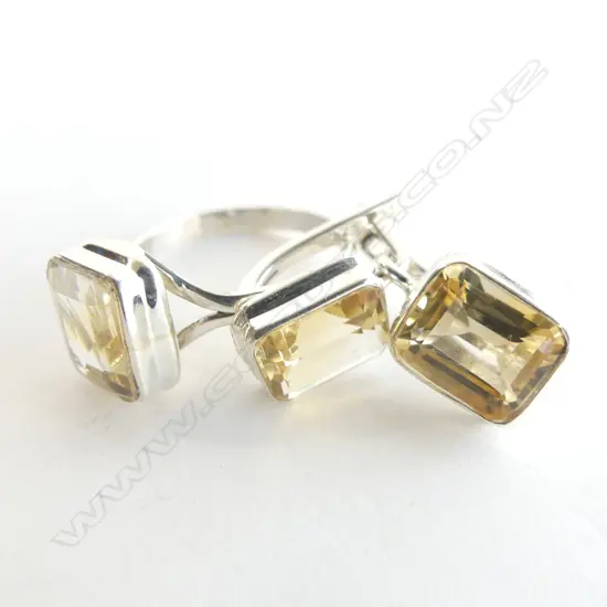 STG SILVER & CITRINE 3 PC SET; RECT/ FACETED RING & PR  FACETED EUROPEAN LOCK EARRINGS