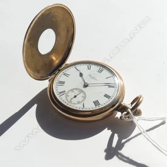 GOLD PLATE WALTHAM HALF HUNTER POCKET WATCH RUNNING