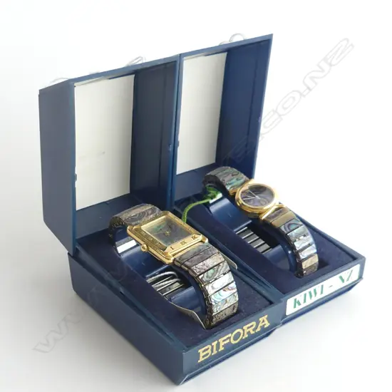 2 PAUA SHELL WATCHES, BOTH AS NEW IN BOXES WITH TAGS, NOT WORKING