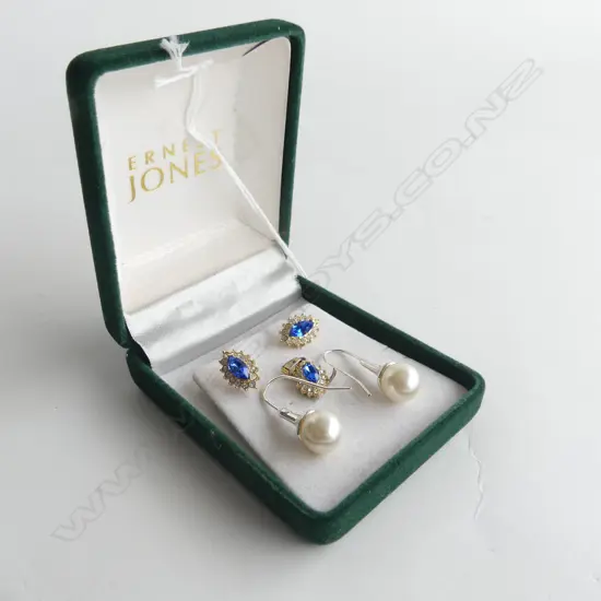 PR BLUE & CLEAR STONE EARRINGS & PENDANT + PR SILVER TONE & FAUX PEARL DROP EARRINGS