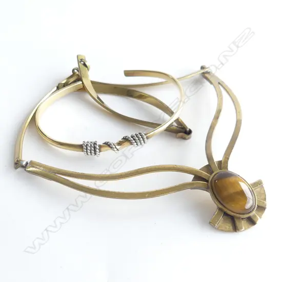 ART NOUVEAU STYLE BRASS NECKLACE WITH TIGERS EYE STONE + HALF BANGLE