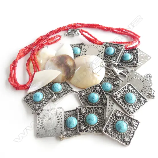 CHUNKY SILVER TONE & AQUAMARINE TYPE STONE NECKLACE  & CORAL (?) NECKLACE + MOP EARRINGS 
