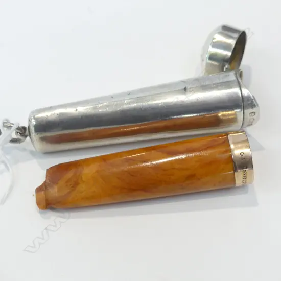 AMBER CIGAR HOLDER WITH 9CT ROSE GOLD BAND IN STG SILVER CASE HOLDER BROKEN 80 MM