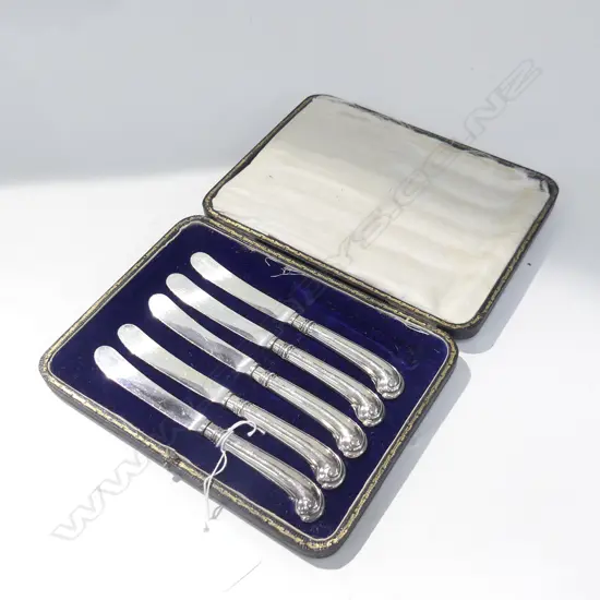 5 PISTOL GRIP STG SILVER KNIVES, CASED (1 MISSING)