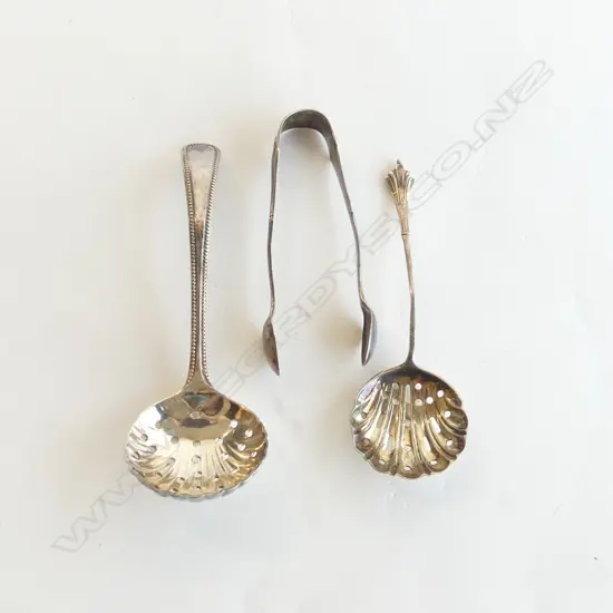 STG SILVER; 2 SIFTER SPOONS & PR SUGAR TONGS  49GMS