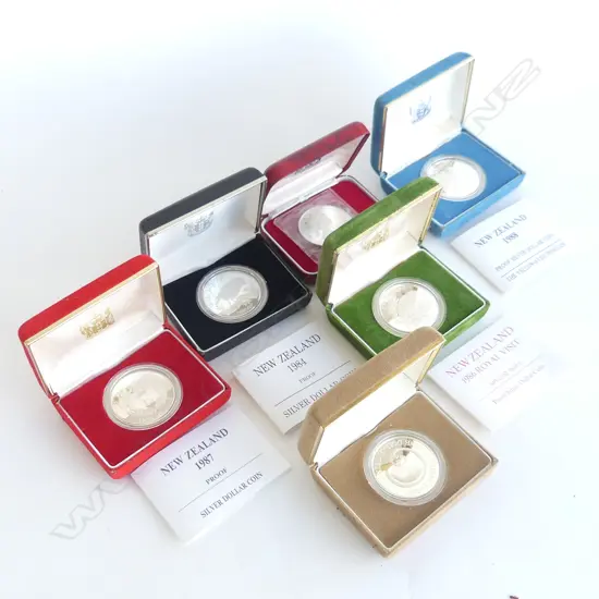 6 NZ PROOF SILVER DOLLAR COINS; 1986 & 87 ROYAL VISIT, 1977, 1984, 1987 NAT. PARKS & 1988 YELLOW-EYED PENG. ALL CASED