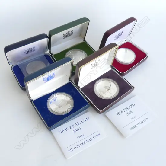 5 NZ PROOF SILVER DOLLAR COINS; 1976 BEEHIVE, 1976,  1980, 1986 & 1983,  ALL CASED