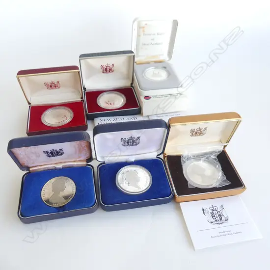 6 NZ SILVER DOLLAR PROOF COINS,  1973, 1979, 1985, 1983 1989 & 50TH ANNIV. OF COINAGE1933-1983