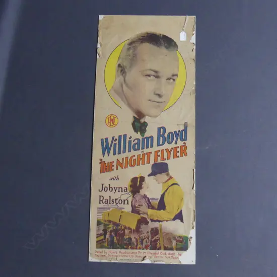 MOVIE DAYBILL POSTER FOR 'THE NIGHT FLYER' MOUNTED ON CARD PRINTED IN SYDNEY, SOME WEAR AT BOTTOM, 950 x 385mm