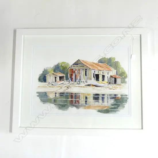 HOWARD SMITH WATER COLOUR BOAT SHEDS 400 X 590 MM SIGNED
