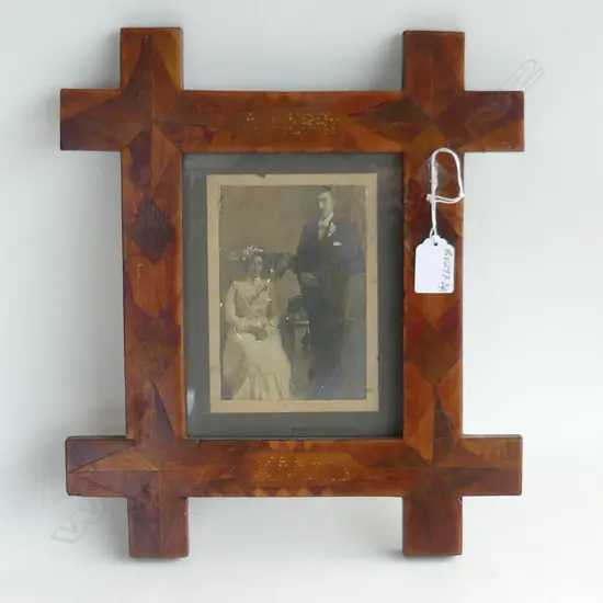 NZ COLONIAL FOLK ART PARQUETRY PHOTO FRAME ' A MERRY XMAS' 340 X 295mm