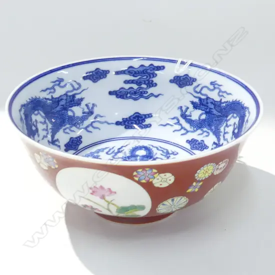 FAMILLE ROSE BOWL coral dark red ground exterior 5 CLAW DRAGON blue interior. Dia.164mm