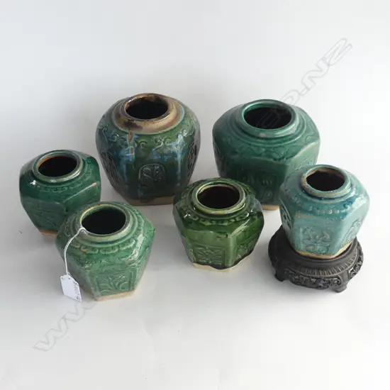 6 OLD GREEN / TURQUOISE GLAZED CHINESE GINGER JARS
