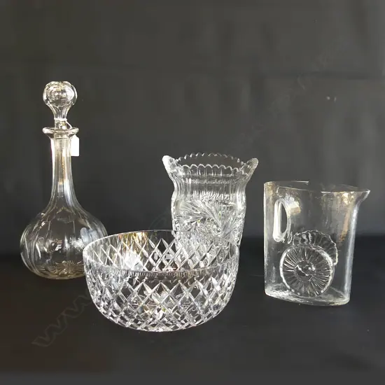 4 PCES CRYSTAL; DECANTER H.300mm, BOWL, VASE, JUG