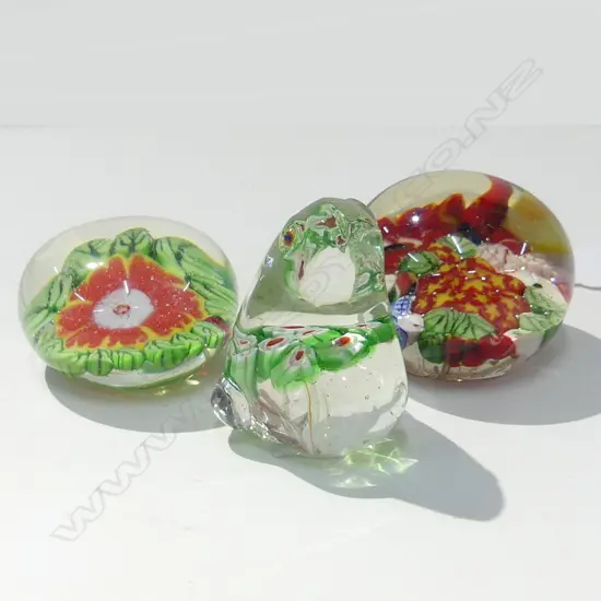 3 MILLEFIORE GLASS PAPERWEIGHTS INCL FROG 