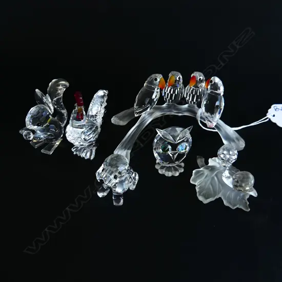 6 ASST. SWAROVSKI ANIMALS INCL. 4 BIRDS ON BRANCH (unmarked) W.105mm