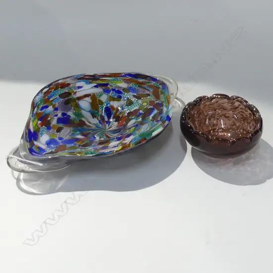 HEAVY MULTI COLOURED MURANO STYLE GLASS DISH 310 X 210MM + GOLD SPECKLED GLASS BOWL (DIA 110MM)
