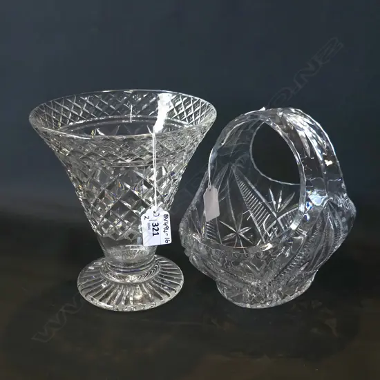 CRYSTAL CUT VASE (DIA 170MM) + GLASS BASKET VASE (H,190MM)