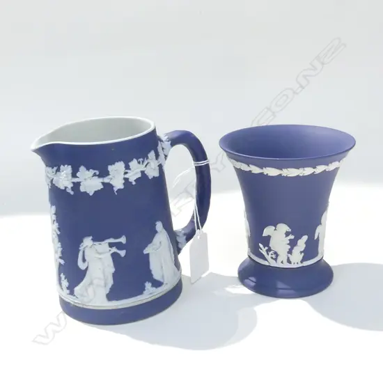 2 PCS WEDGWOOD COBALT JASPERWARE, VASE (H 100MM) & JUG (H120MM)