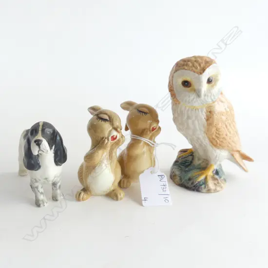 4 BESWICK ANIMAL FIGURINES; PR RABBITS, DOG & OWL H.115mm