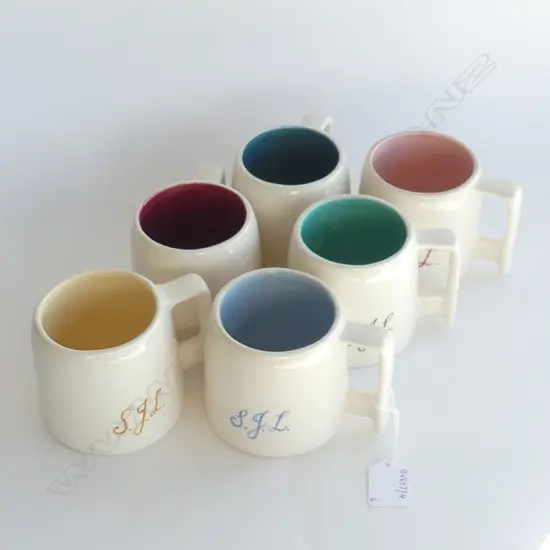 OC STEPHENS SET OF 6 ART DECO MUGS  DIFFERENT COLOURED INTERIORS ALL MARKED H90MM