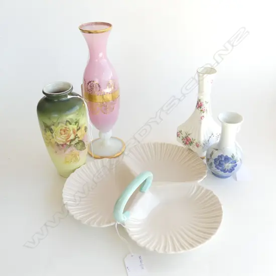 PINK GLASS VASE H240MM AYNSLEY VASE H180MM COPENHAGEN VASE H120MM  EDWARDIAN VASE H170 & POOLE SHELL DISH W250MM