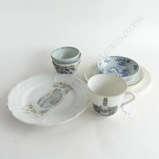 4 PCES B/W REGENCY PERIOD CHINA; 3 TEA BOWLS + SAUCER ALL w. HAIRLINES + 4 PCES NZ SOUVENIR CHINA