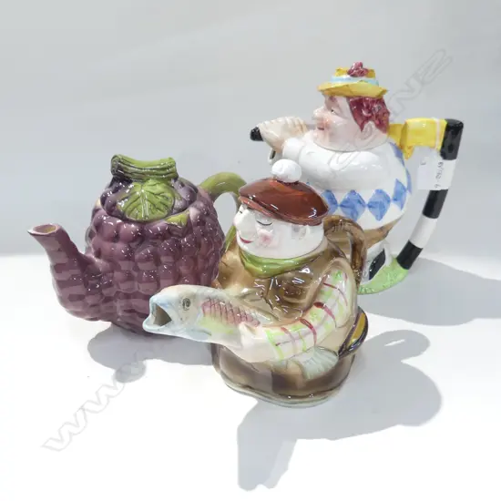 3 OLD NOVELTY TEAPOTS, FISHERMAN, GOLFER & GRAPES 