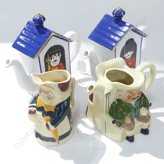 3 OLD NOVELTY TEAPOTS (1 WITH MISSING LID) + TOBY JUG (H. 150MM)