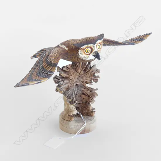 PAINTED WOODEN OWL ON ROOT ORCHARD H180MM