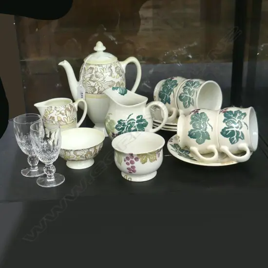 BOX ASST; 2 SM WATERFORD CRYSTAL GLASSES,  ROYAL DOULTON 3 PC COFFEE SET & ROYAL WINTON TEA SET