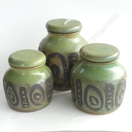 3 BETTY CUTCHER NZ POTTERY GREEN GLAZED LIDDED CANNISTERS
