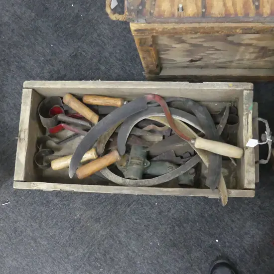 WOODEN BOX ASST. TOOLS; SCYTHES, SHEEP SHEARS SCISSORS ETC