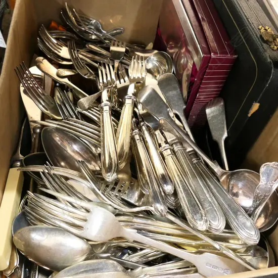 BOX LOT ASST. SILVER PLATE CUTLERY