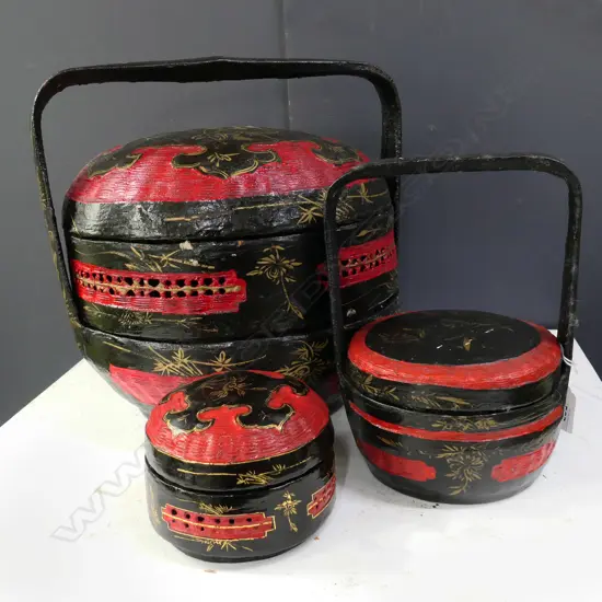 3 ORIENTAL PAINTED WOVEN CONTAINERS H.380mm