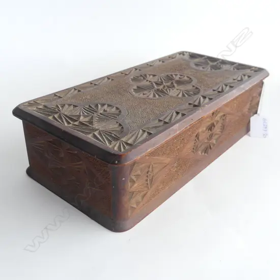 N.Z. COLONIAL KAURI SHIP-ART CARVED BOX RECTANGULAR FORM ORIGINAL FINISH L.310mm
