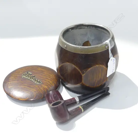 VINTAGE WOODEN TOBACCO JAR + 2 PIPES