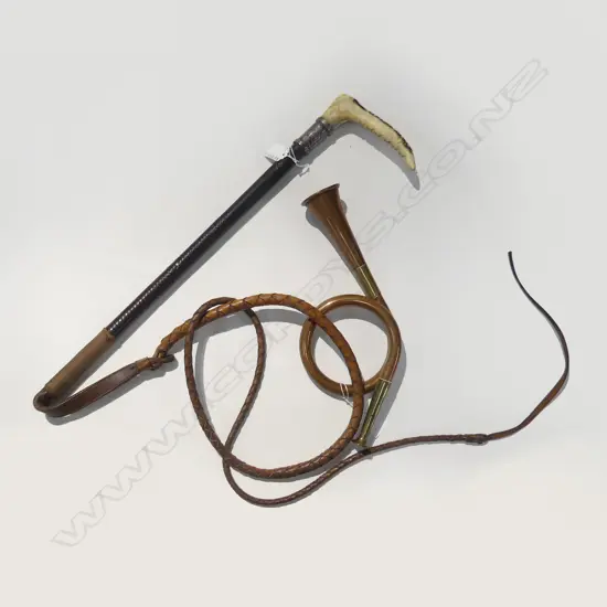 OLD COPPER FOX HUNTERS HORN & RIDING CROP W CARVED BONE HANDLE WITH SILVER COLLAR