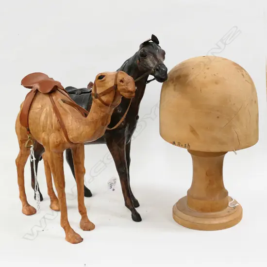 3 ITEMS. LEATHER MODEL HORSE AND CAMEL  H.300mm & WOODEN HATBLOCK  H.280mm