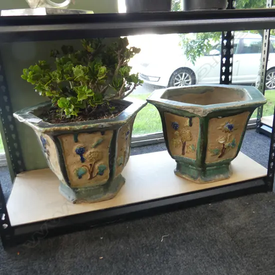 PAIR OF STRAITS CHINESE MAJOLICA PLANT POTS (CHIPS AND CRACKS)