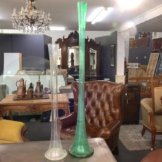2 TALL GLASS SPEICIMAN VASES 1 GREEN 1 CLEAR TALLEST 1M30MM