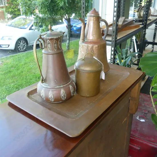 TWO COPPER JUGS + TEA CADDY + TRAY