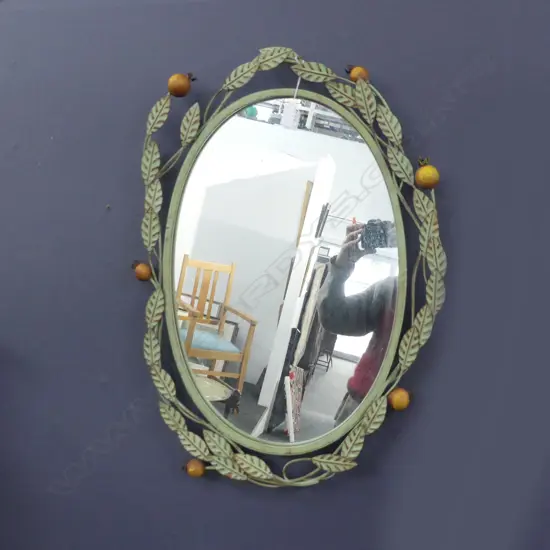 VINTAGE GREEN METAL FRAMED OVAL WALL MIRROR 490 X 680MM