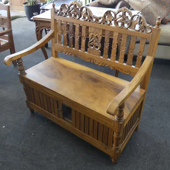 CARVED TEAK BENCH 1000 x 630 x 1010mm