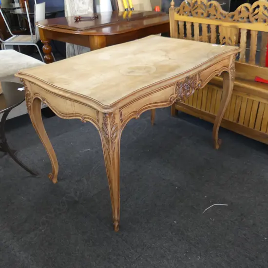 VINTAGE FRENCH PALE WALNUT WRITING TABLE w drawer SCROLL EDGE some marks to top