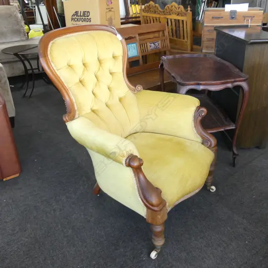 VICTORIAN BUTTON BACK GRANDFATHER CHAIR VELVET UPHOLSTERY 