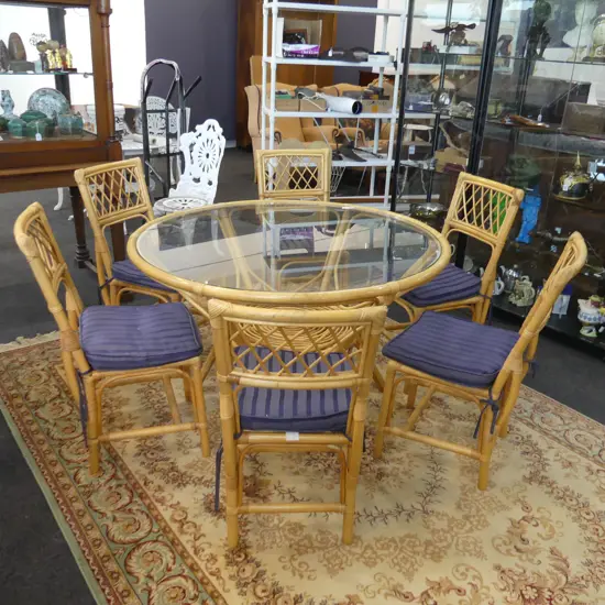 GLASS TOPPED CANE DINING TABLE 1300mm dia & 6 CHAIRS