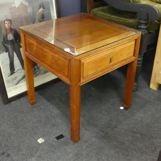 ORIENTAL TEAK BEDSIDE DRAWER - GLASS TOP 500x500x565mm